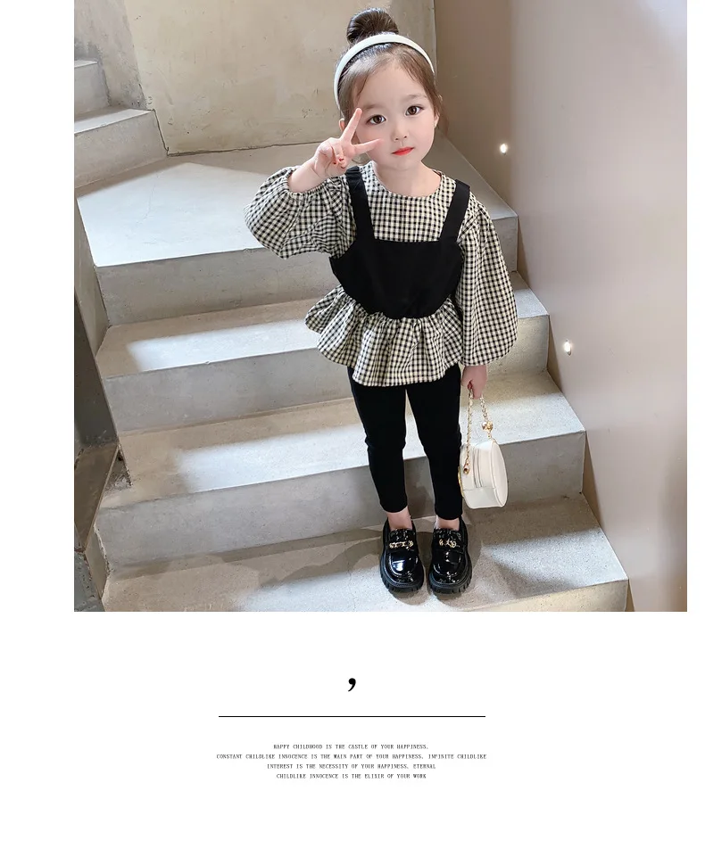 Girls\' spring  autumn clothes 2023 new children\'s long-sleeved plaid fake two-piece  shirts + leggings two-piece suit