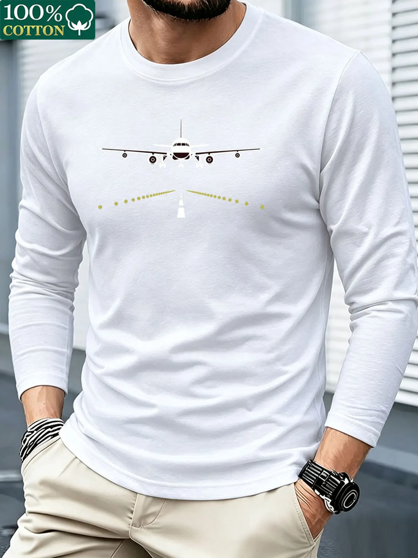 Men 100% Cotton Long Sleeve T Shirt Comfortable Printed Crew Neck Tee Casual Trendy Spring Autumn Basic Tops Commute Daily Wear