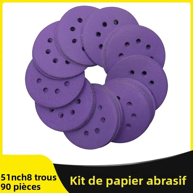 Kit de 90 papiers abrasifs professionnels de 5 pouces à 8 trous, auto-agrippants, grain 60-800, assortiment violet, du grossier au fin