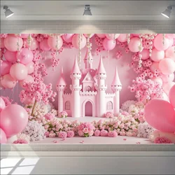 Magic Princess Castle Banner Background  Pink Castle Princess Party Background Birthday Party with Arched Balloons and Floral De