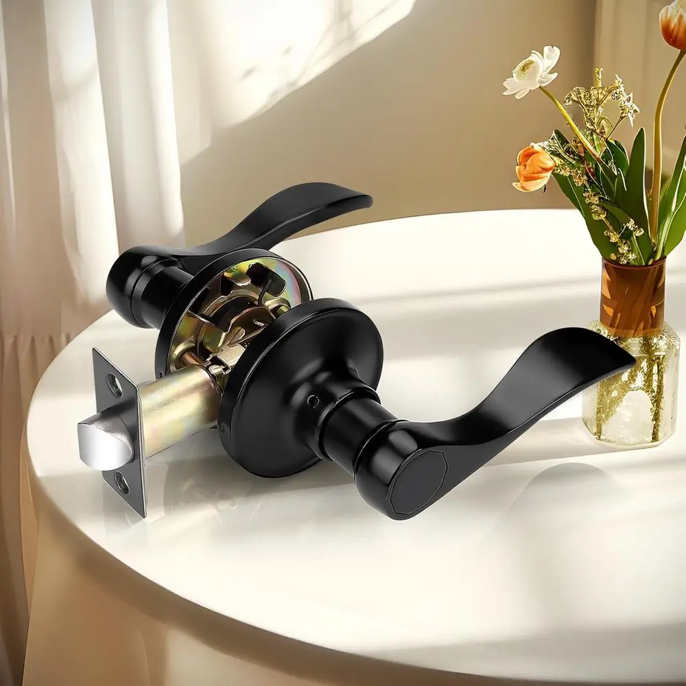 Matte Black 3-Pack Interior Door Levers, Keyless Hallway & Closet Handles, Reversible Wave Design