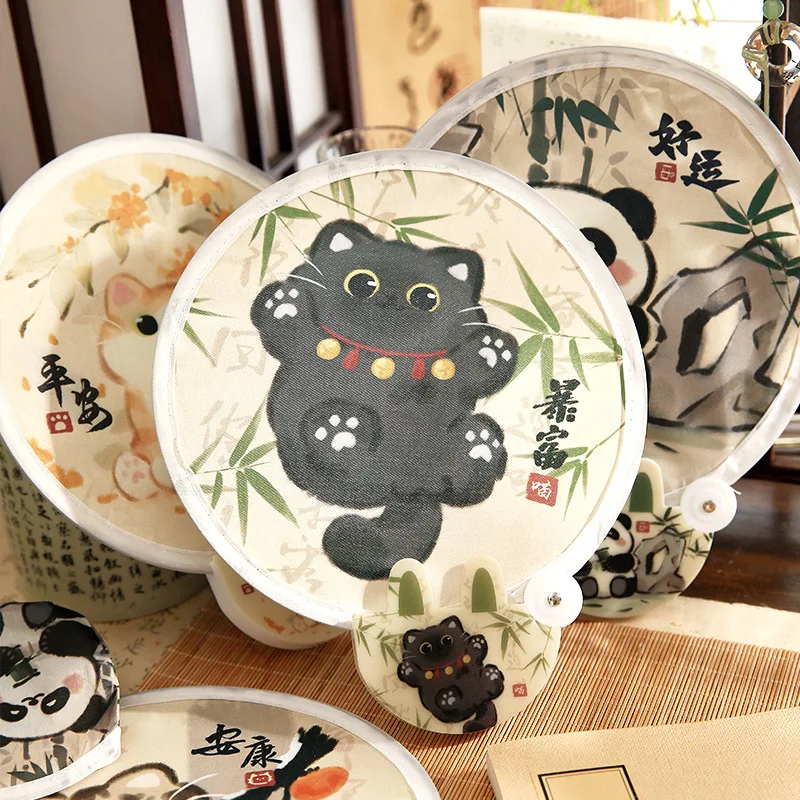 Chinese Style Cute Animal Reflector Folding Fan Cartoon Illustration Round Fan Portable Mini Round Fan Selfie Fan