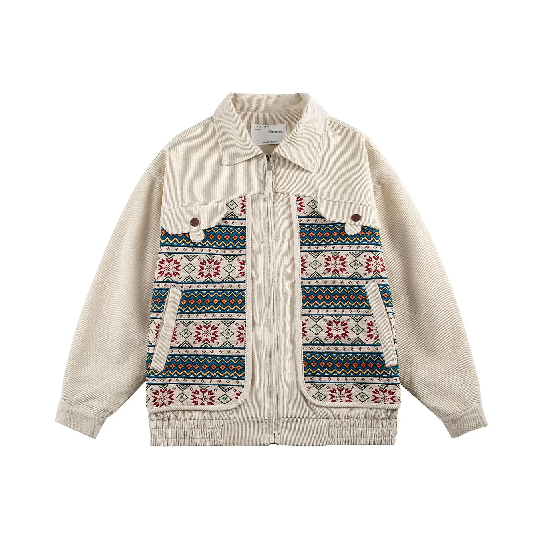 

Ethnic Patchwork Corduroy Jacket for Men - Retro Color Block Lapel Folk Art Relaxed Fit Casual Outerwear