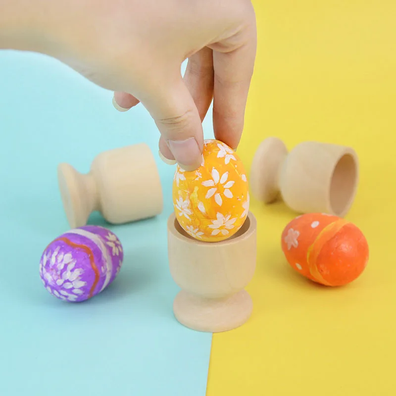 5Pcs Wooden Easter Egg Wood Artificial Bird Pigeon Egg Kids DIY Painted Eggs Cup Holder For Home Easter Day Party Decor Supplies