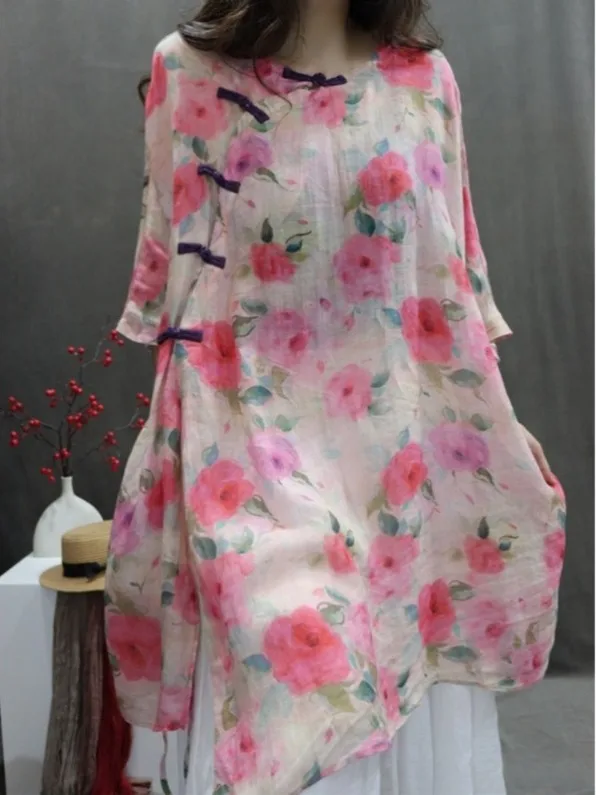 

Retro Print Short Sleeve Loose Women's Dress Button Design Summer Fashionable Midi Shirt Dress Korean Style Cotton Linen Blend