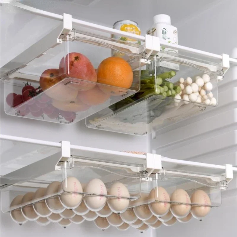 Drawer Type Food Storage Box for Refrigerator Clear Fruit Organizer Rack Holder Under Shelf Slide Plastic Kitchen Container