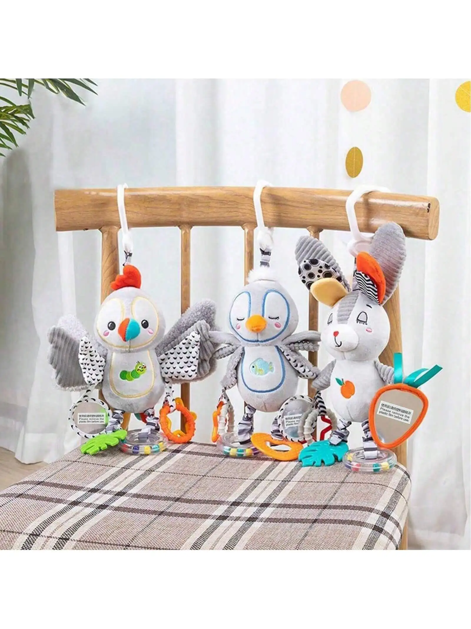 1pc Unisex Baby Car Hanging Toys, Ins Style Cute Animal Black White Grey, Visual Stimulation, Safe Car Seat Rattle, Teether