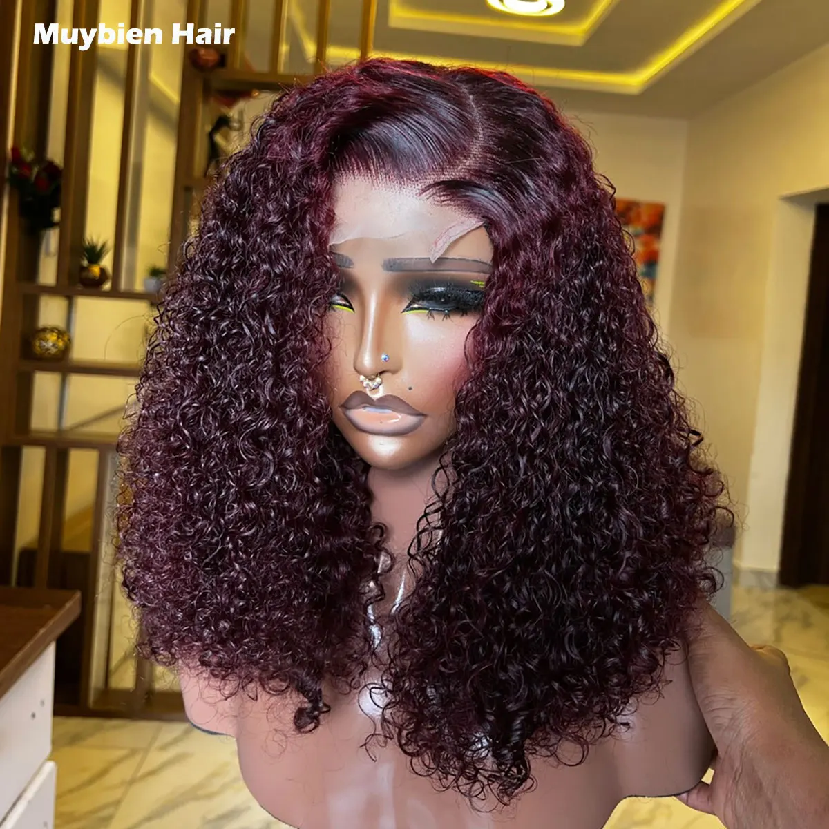 

Супердлинный парик с двойным объемом и кудрями Pixie, 4x4, с закрытым затылком, из натуральных волос, винного цвета, кудрявый парик-каре для женщин, без клея, готовый к носке