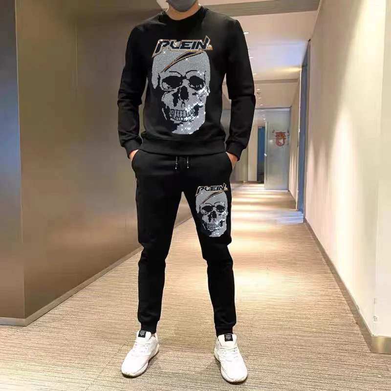 New Style Men\'s  Hoodies Fashion Sets Rhinestone  Hooded Sweatshirts+Pants Male Winter Sportswear Two Pieces Luxury Tracksuit