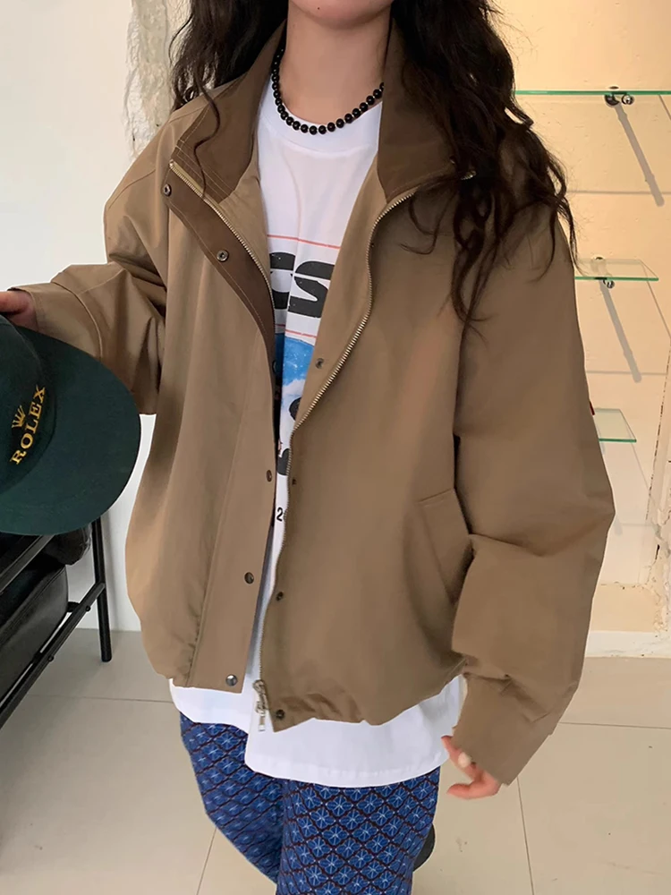 

Retro Color Blo Loose Casual Long Sve Zipper Jaet Women's Autumn New Sle Commute Sle Faion Outerwear Coat