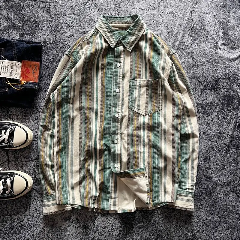 

Retro Contrast Color Japanese Sle Men's ket Workwear Corduroy Loose Long Sve Casual irt Trendy Faion Youth Clothing