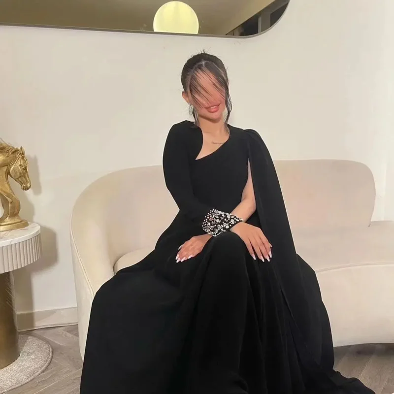 Indie Elegant Black A Line Prom Dress Women's customized Beaded Party Evening Gown Floor Length Saudi Special Occasion Dresses