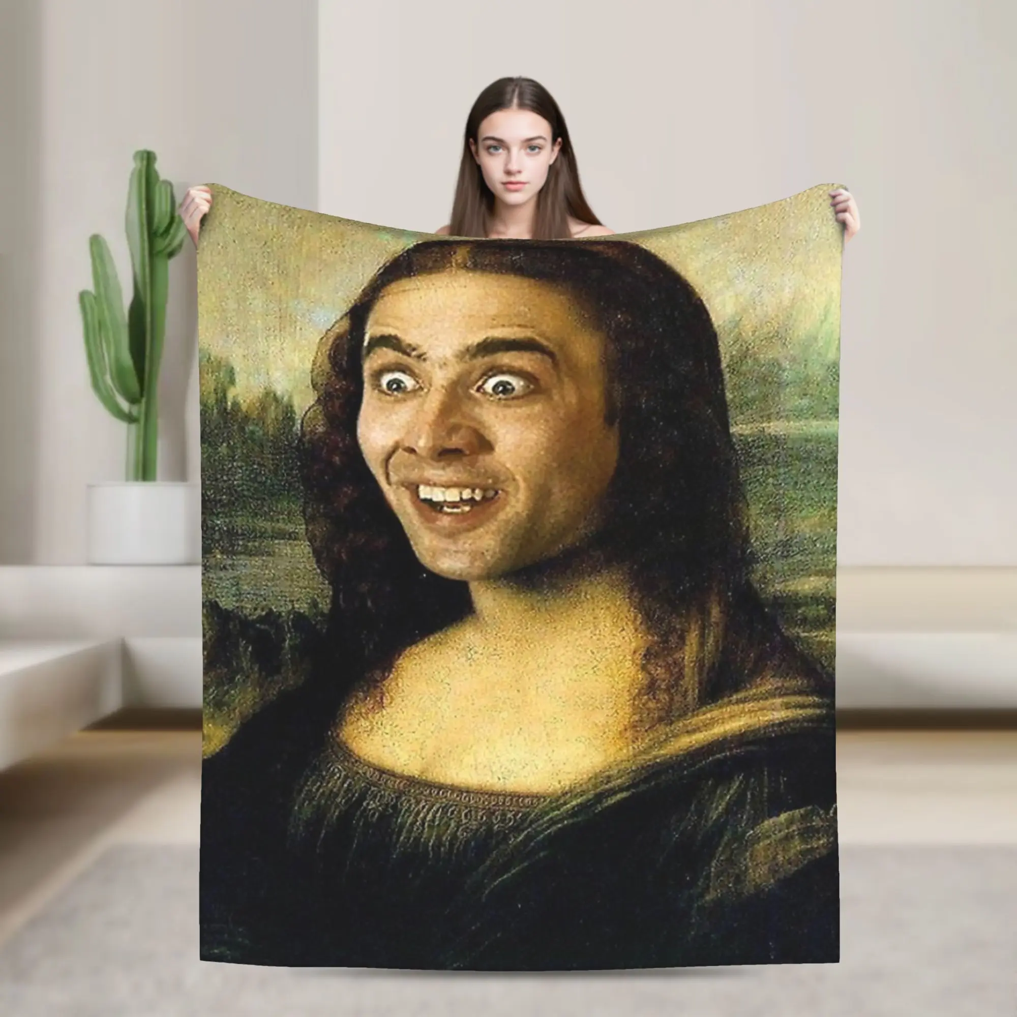 نيكولاس كيج كما الموناليزا البطانيات الصوف الربيع/الخريف المحمولة خفيفة الوزن رمي بطانية للمنزل سيارة المفرش