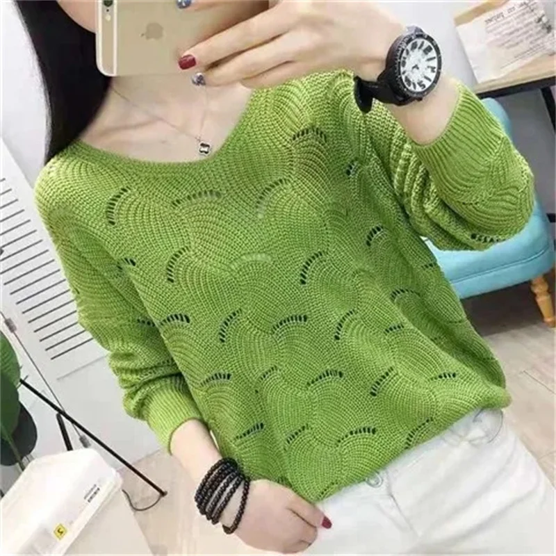 Autumn Winter V-neck Sweet Elegant Knitting Solid Casual Sweater  Hollow OutLadies Top Women Korean Style Pullover2023 All-match