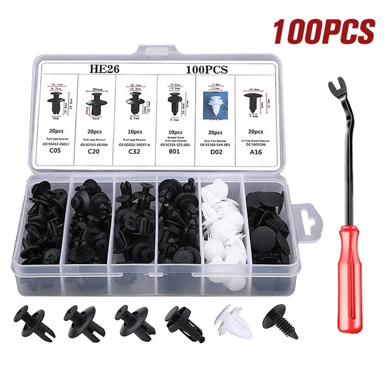 100Pcs 자동차 패스너 클립 키트 펜더 나사 리벳 플라스틱 클립 자동차 바디 푸시 리테이너 핀 리벳 범퍼 도어 트림 패널 수리