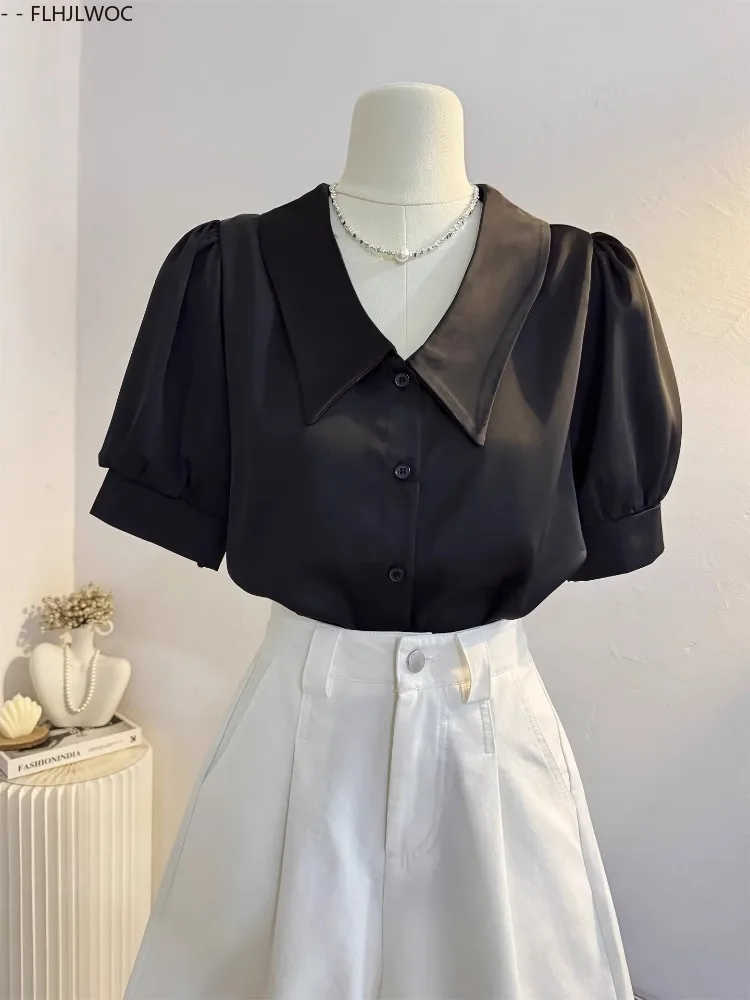 Camisas pretas elegantes design francês mulheres verão puff manga senhora do escritório botão sólido básico moda commuter topos blusas