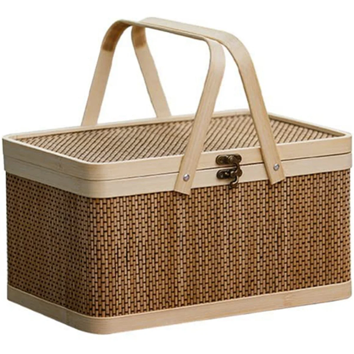 Bamboo Basket Natural -Friendly Woven Basket Bamboo Picnic Basket with Lid Handheld Snacks Bread Storage Basket