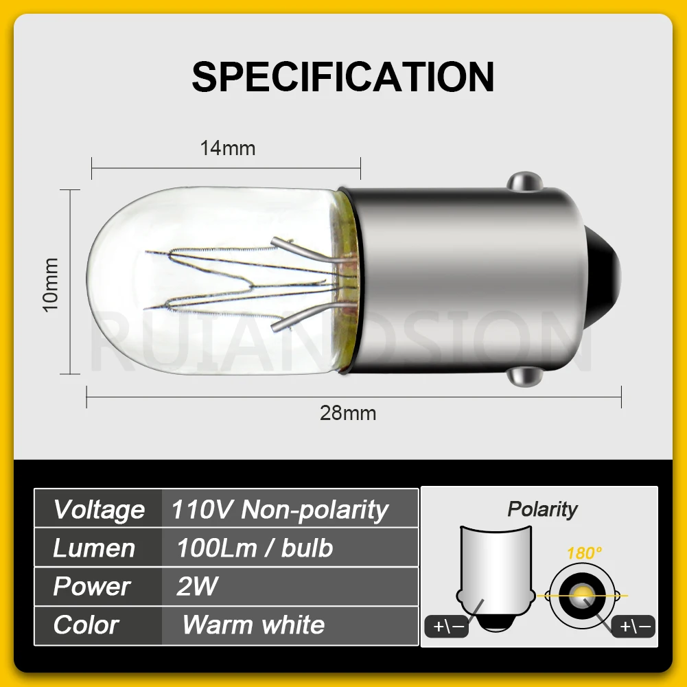 10pcs T4W T8.5 Ba9s 12V 110V 2W Original Turn Signal Parking Lights Clearance Reverse Lamps Car Machine Halogen Bulb Round