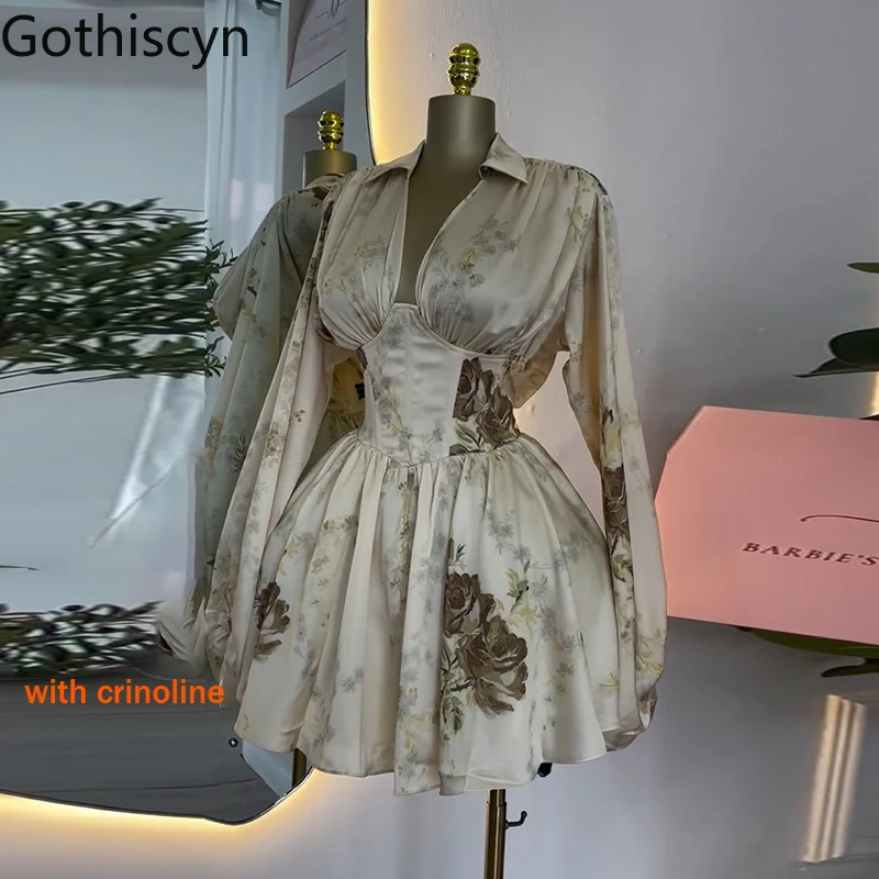 

Gothiscyn Elegant Printed V-neck Dress Women's Autumn Lantern Sleeves Slim Fit High Waisted Short Dress Fashion Female Clothes