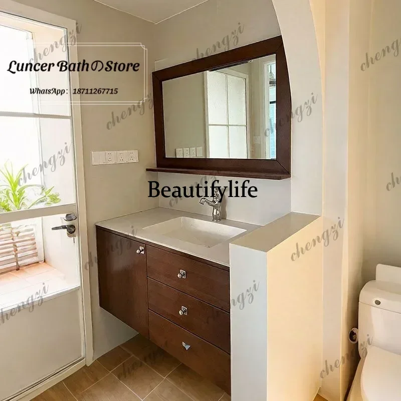 Vintage walnut finish ceramic integrated basin bathroom vanity set b567