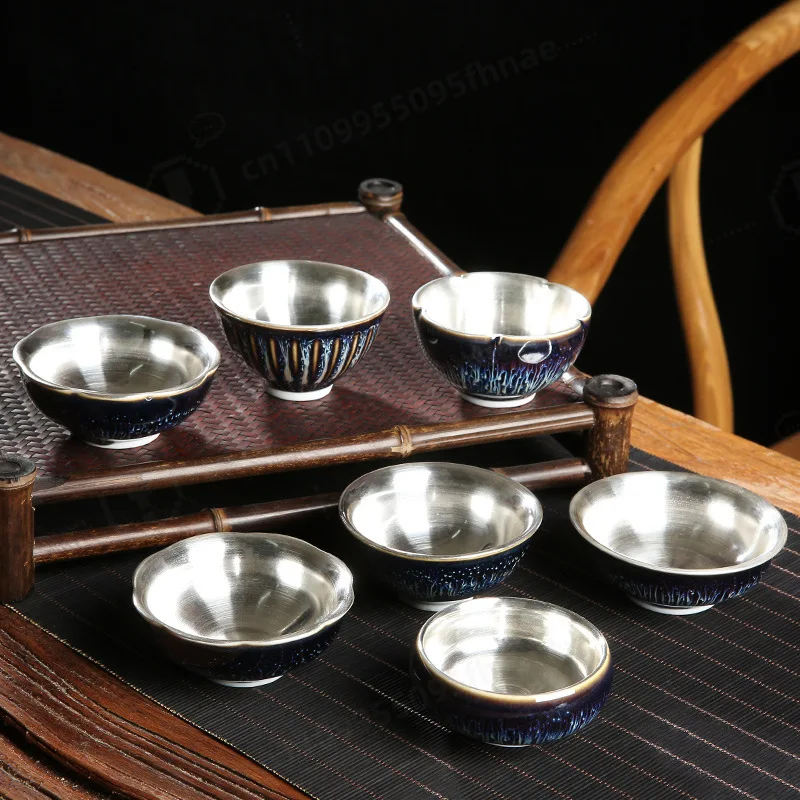 Jingdezhen Tianmu Glaze Silver Lined Ceramic Tea Cup Personal Tasting Mug