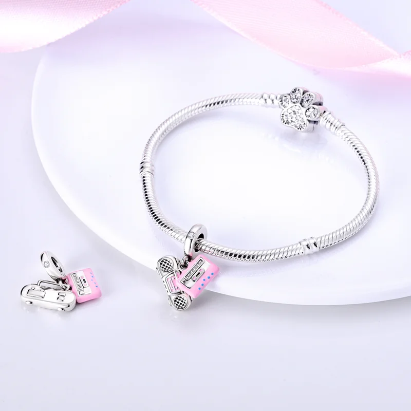 المبيعات الساخنة 925 فضة سحر الخرز المعلقات الوردي راديو كاسيت أشرطة الخرز صالح الأصلي سوار سحر النساء المجوهرات