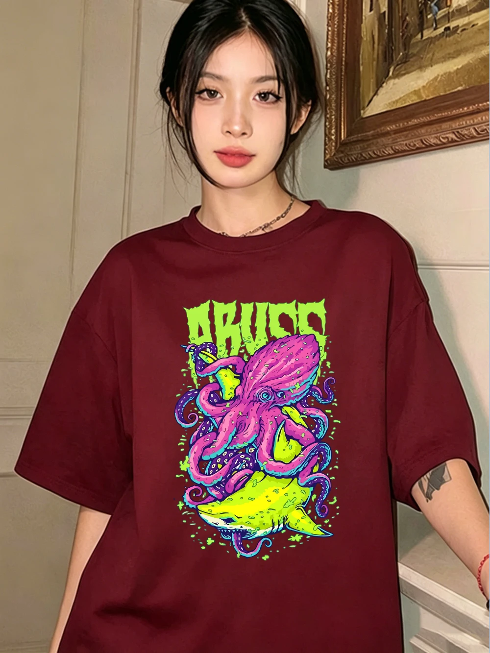 Abuzz Lila Tintenfisch Bedruckte T-Shirts Baumwolle Damen Sommer Kurzarm T-Shirts Weiche Basic Oversized Tops Lässige O-Neck Kleidung – Detail 24