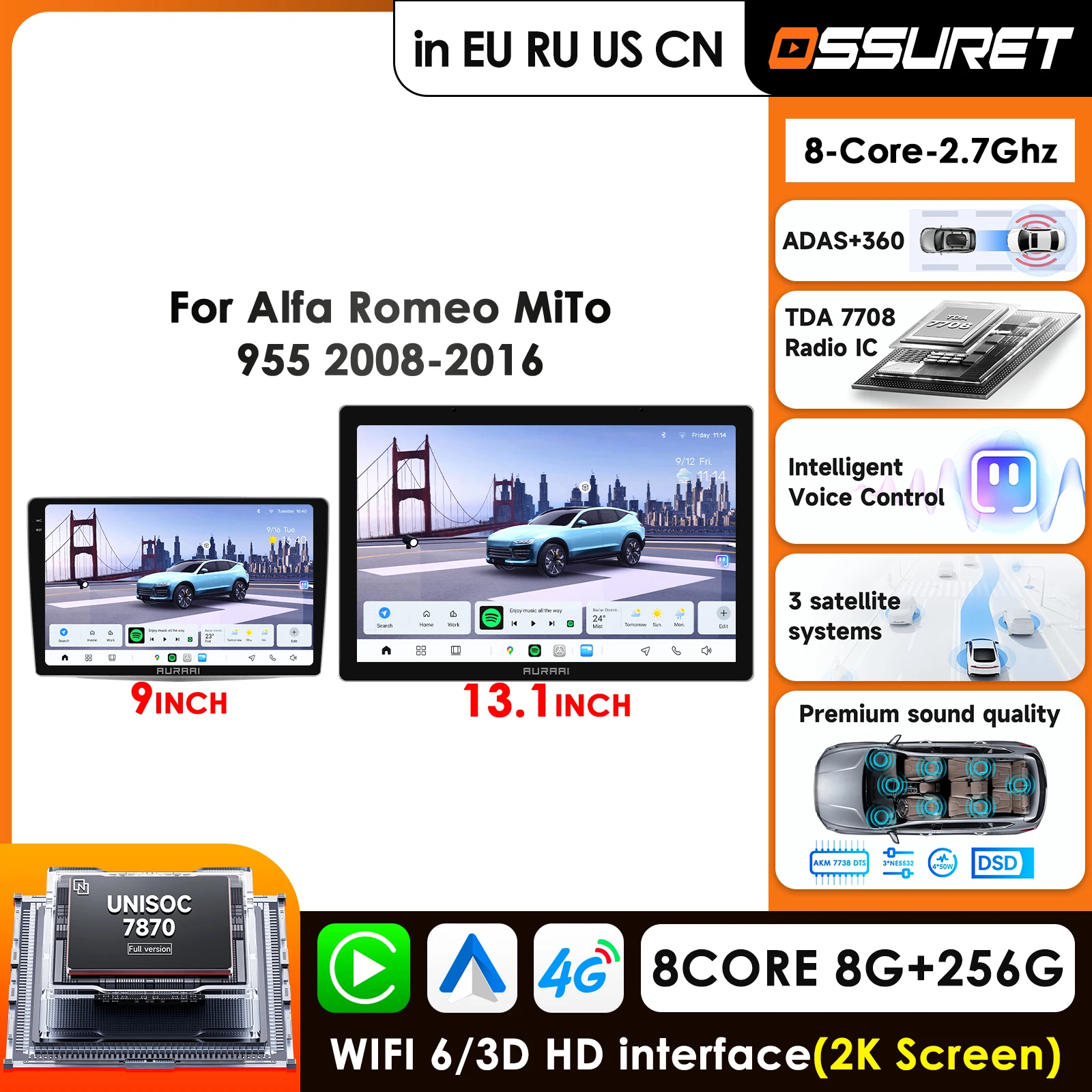 

OSSURET 4G-LTE 360Camera Carplay Android Car Radio For Alfa Romeo MiTo 955 2008-2016 Car Multimedia Player GPS Auto Stereo RDS