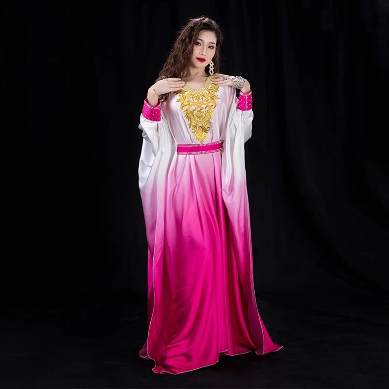 Traditional Khaleeji Thobe Dress Satin Costume Belly Dance Clothes Kaftan Dress Rhinestone Beads Competition Khaleegy Costume