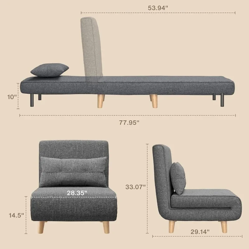 Cadeira-cama 3 em 1, cadeira conversível, sofá-cama futon com encosto ajustável, cadeira de destaque para apartamento, cinza escuro