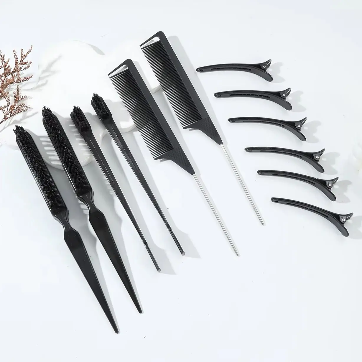 

12pcs styling comb hair clip set,2 teasing brush,2 rat tail comb,2 edge brush,6 hair clip, Special for real hair wigs