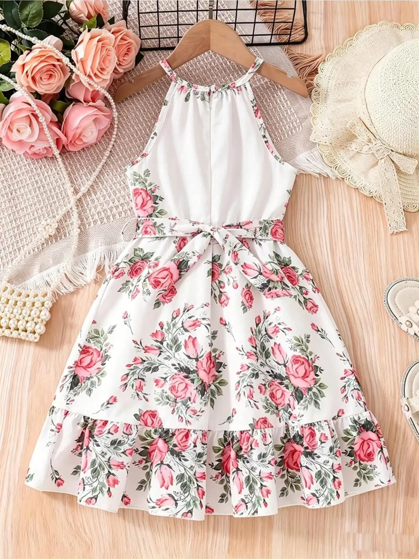 Boho-Blumenkleid für kleine Mädchen, Sommer-Sonnenkleid mit gestuftem Rüschensaum, elegantes, tailliertes Kleid für Kinder, perfekt für warmes Wetter – Detail 3