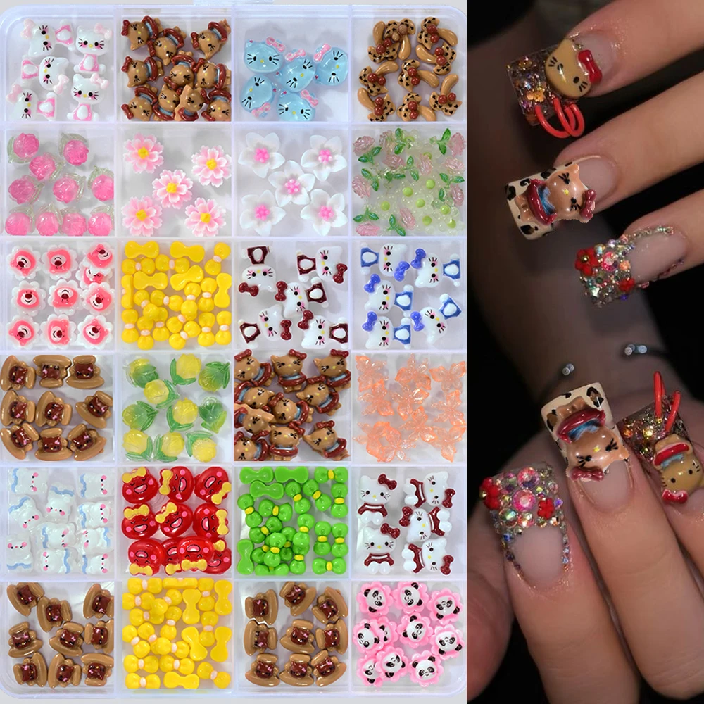 

24 сетки, подвески для ногтей «Hello Kitty Cat», милый мультяшный котенок, медведь, бант, стразы, каваи, плоская задняя часть, смоляные драгоценные камни, детали для маникюра