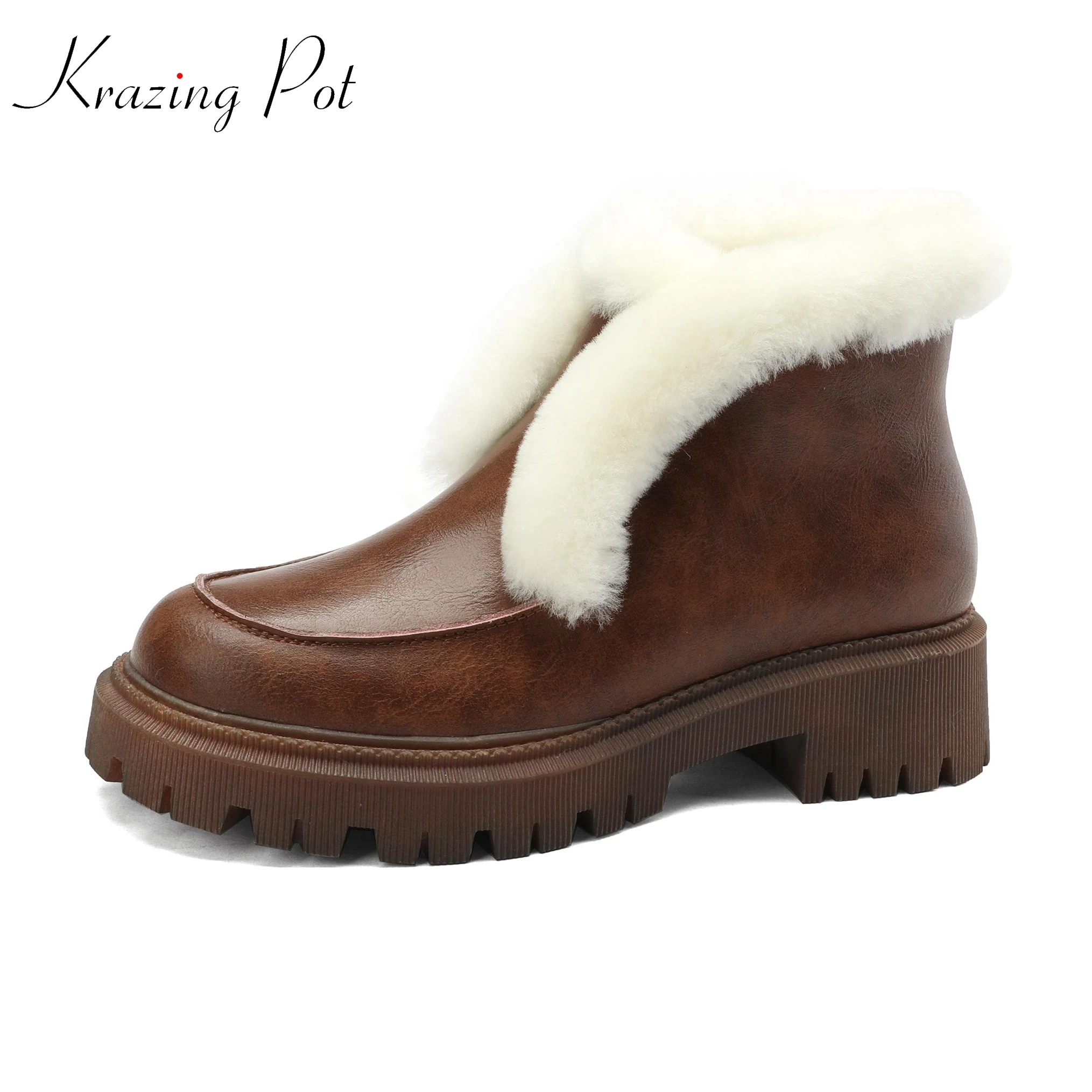 

Krazing Pot Wool Full Grain Leather Round Toe Med Heels Snow Boots Keep Warm Fur Leisure Winter Cozy Vintage Slip on Ankle Boots