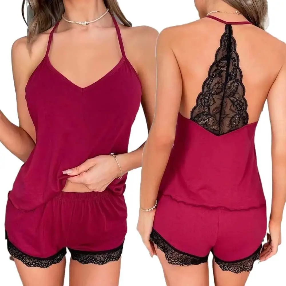 Casual V-Neck Lace Pajamas Suit Shorts Sleeveless Halter Sleepwear Sets Beauty Back Patchwork Nightdress Women Sleeping