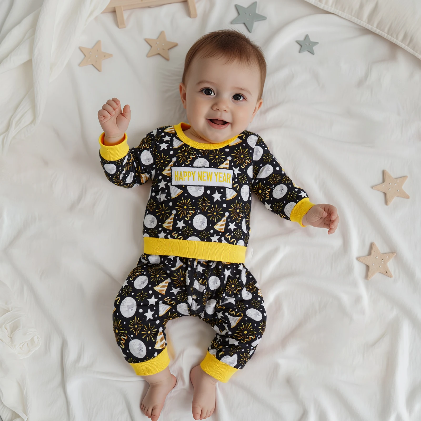 

Toddler Clothes Baby New Year 2 Pcs Outfits Firework Print Long Sleeve Round Neck Pullover Long Pants Clothing Set