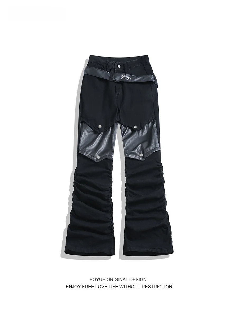

Boyue Punk Sle Slim Fit Jeans Streetwear Micro Flared Splicing Pleated Personali Long Trousers Trendy for Men And Women
