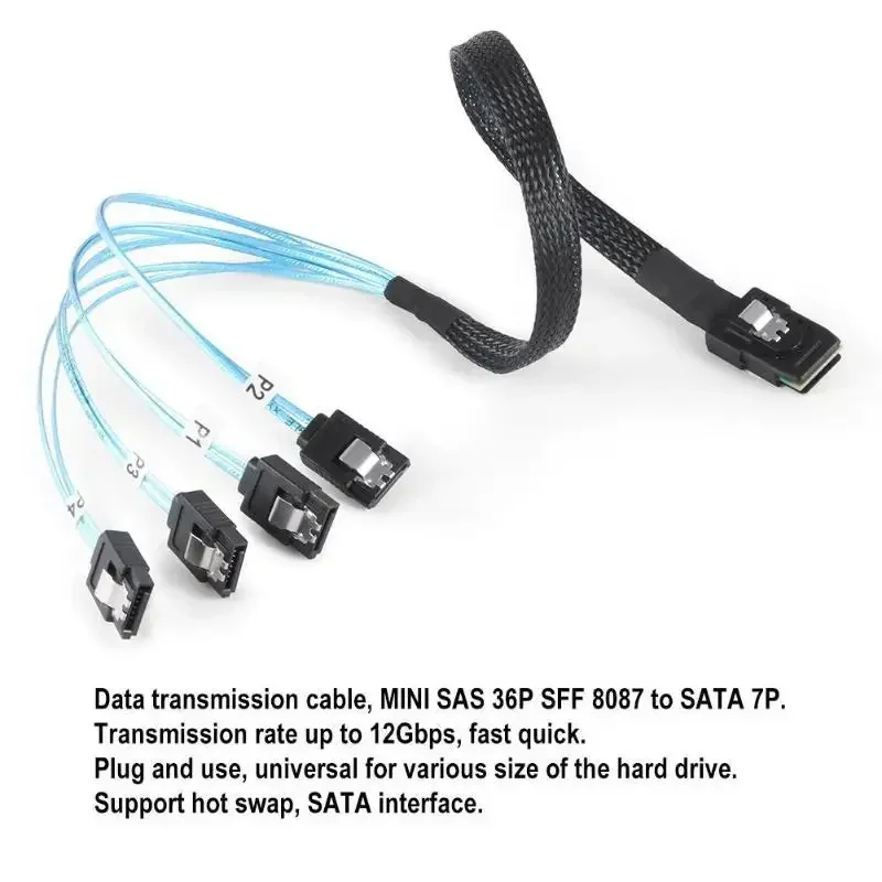 SAS SATA cabo Mini-SAS SFF-8087, cabo de dados do disco rígido, Mini SAS, 4i, SFF8087, 36P para 4 SATA, 7P, 12Gbps, 50 centímetros