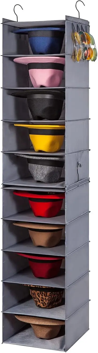 

Hat Rack for Closet 10 Shelf Organizer Hanging Storage for Wide Brim Fedora Trilby Caps with Loops for Accessories Grey