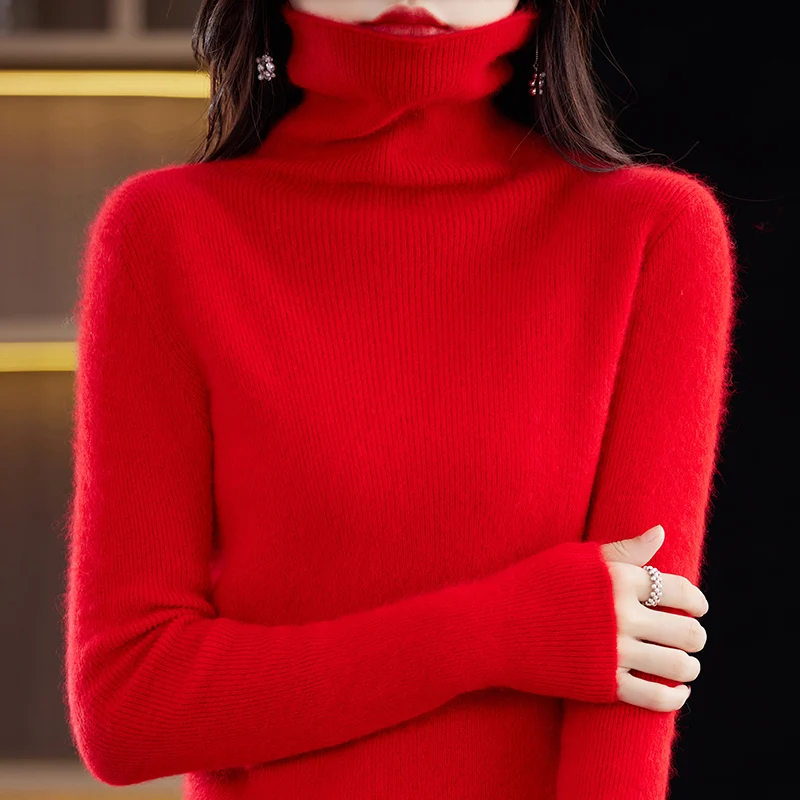 

Women High Collar Pile Up Collar Sweaters New Autumn / Winter Mink Wool Long Sleeved Knitted Pullover Ladies Close Fitting Tops