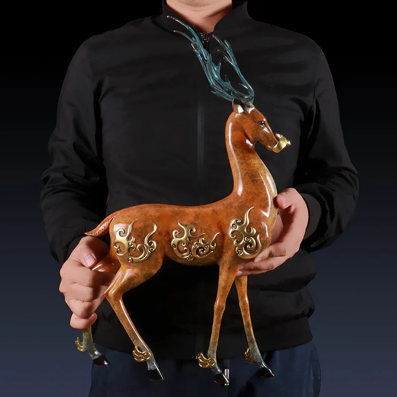 Large Multicolor Sika Deer Statue Brass Wildlife Animal Sculpture Lucky Feng Shui Home Decoration Art