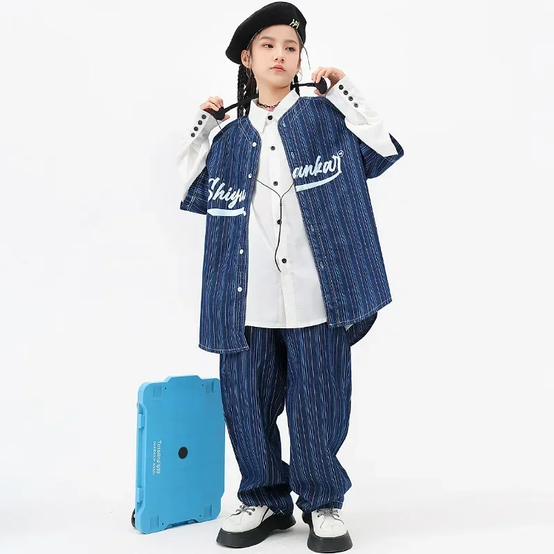 Hip Hop Meisjeskleding Groene Letter Shirt Street Dance Gestreepte Jeans Voor Kinderen Jongens Prestaties Moderne Dans Kleding Jazz Kostuum