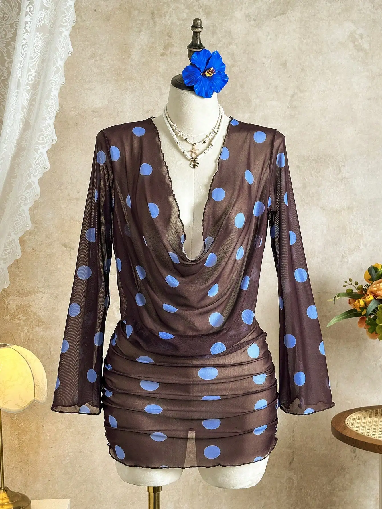 Women's Sheer Polka Dot Mesh Cover-Up Dress Long Sleeve V-Neck Beach Outfit Y2K Summer