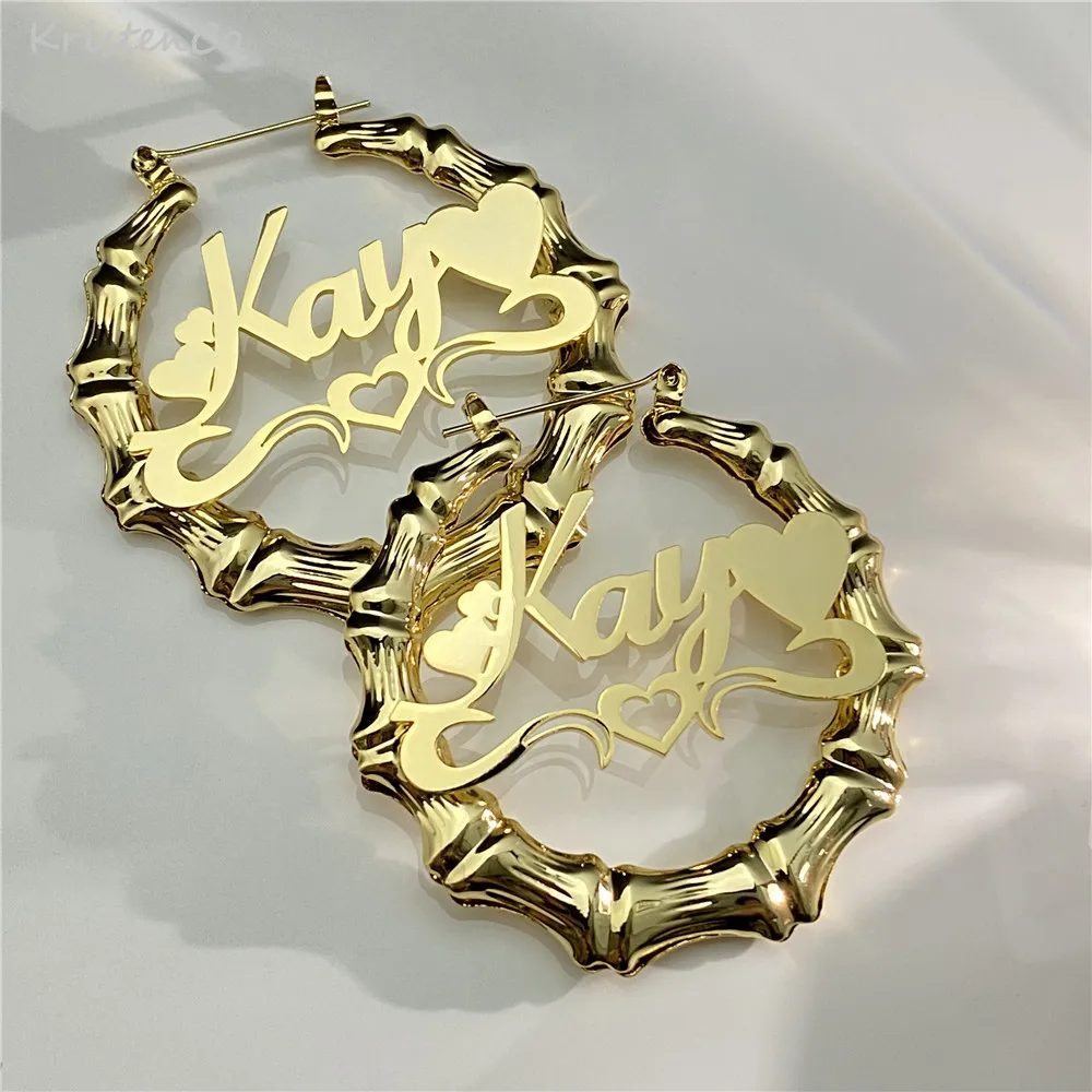 Customized Name Earrings Stainless Steel Material Custom Bamboo Earrings Personalized NamePlate With Heart For Women Jewelry