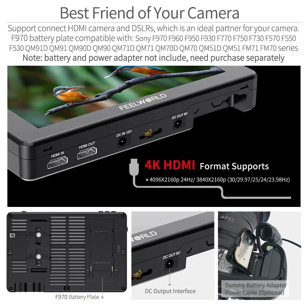 

FEELWORLD LUT7 PRO 7" 4K HDMI Monitor 1920x1200 DC Out for DSLR Mirrorless 3D LUT 2200nit IPS Touch Screen F970 External Power