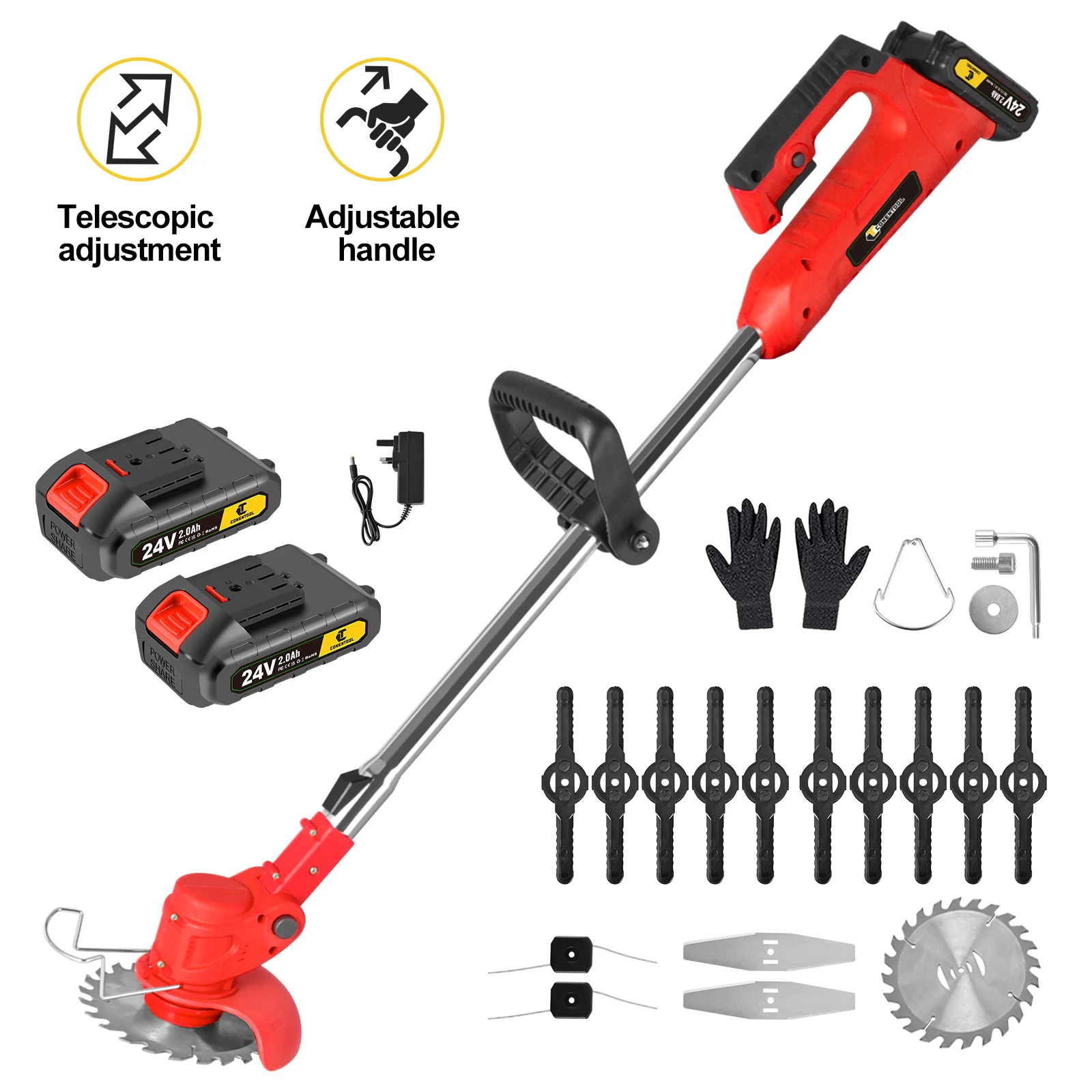 Conentool 24V Cordless Strimmer with Metal Blade, Telescopic Grass Trimmer, 2x2000mAh Batteries, Electric Lawn Mower Set