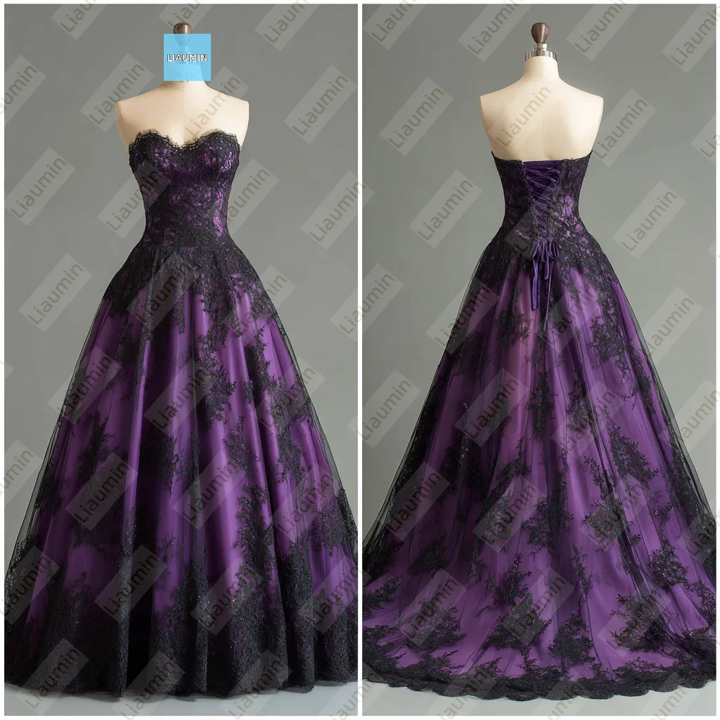 

Classic Purple Black Lace Applique Strapless Floor Length Evening Prom Wedding Formal Dress Backless Customized Made A7-1.68