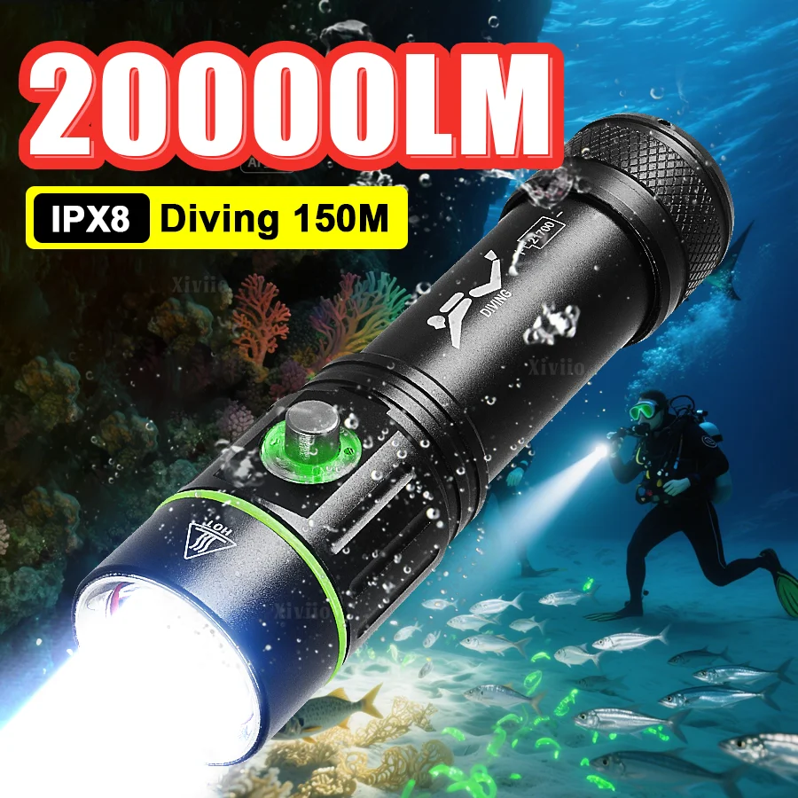 

НОВЫЙ профессиональный IP8 водонепроницаемый фонарик для дайвинга 20000LM супер яркий подводный 150 м глубоководная рыбная лампа мощный фонарь для дайвинга L2