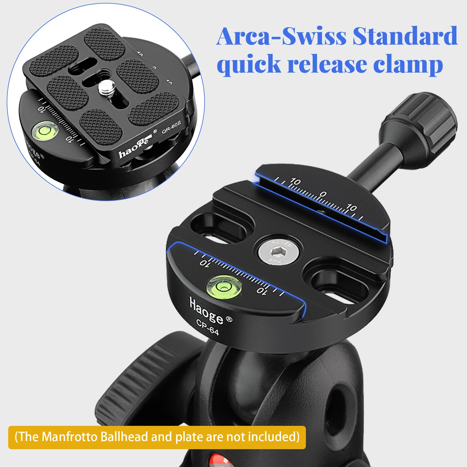 Haogeコンボボスアダプタと64ミリメートルアルカスイス互換クイックリリースクランプためマンフロット三脚ボールヘッドの交換