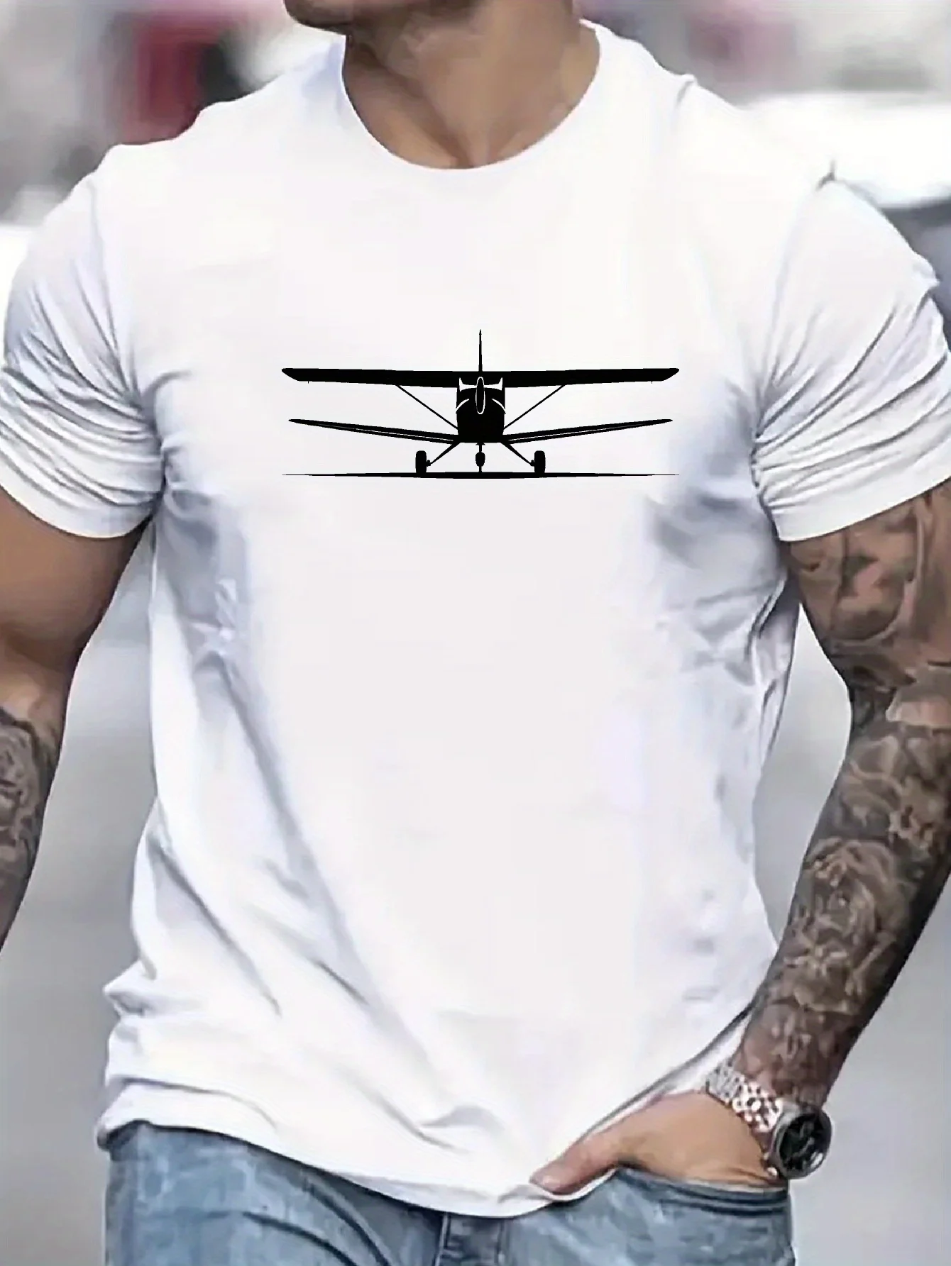 Heavy 100% pure cotton high street fashion creative airplane silhouette pattern printed casual round neck short sleeved T-shirt